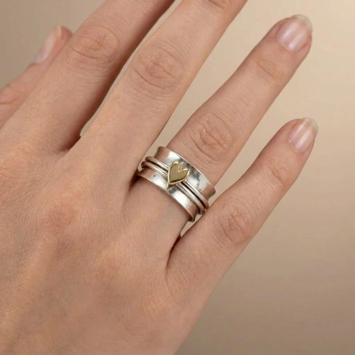 Golden Heart Silver Ring