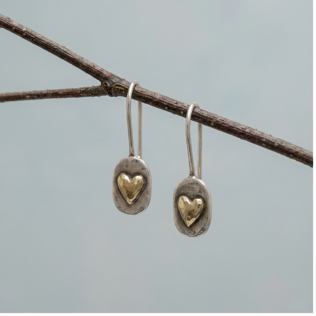 Golden Heart Earrings in Vintage Silver