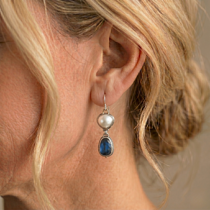 Vintage Blue Stone Pearl Earrings