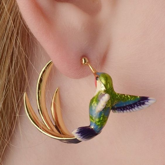 Vintage Inspired Enamel Hummingbird Hoop Earrings